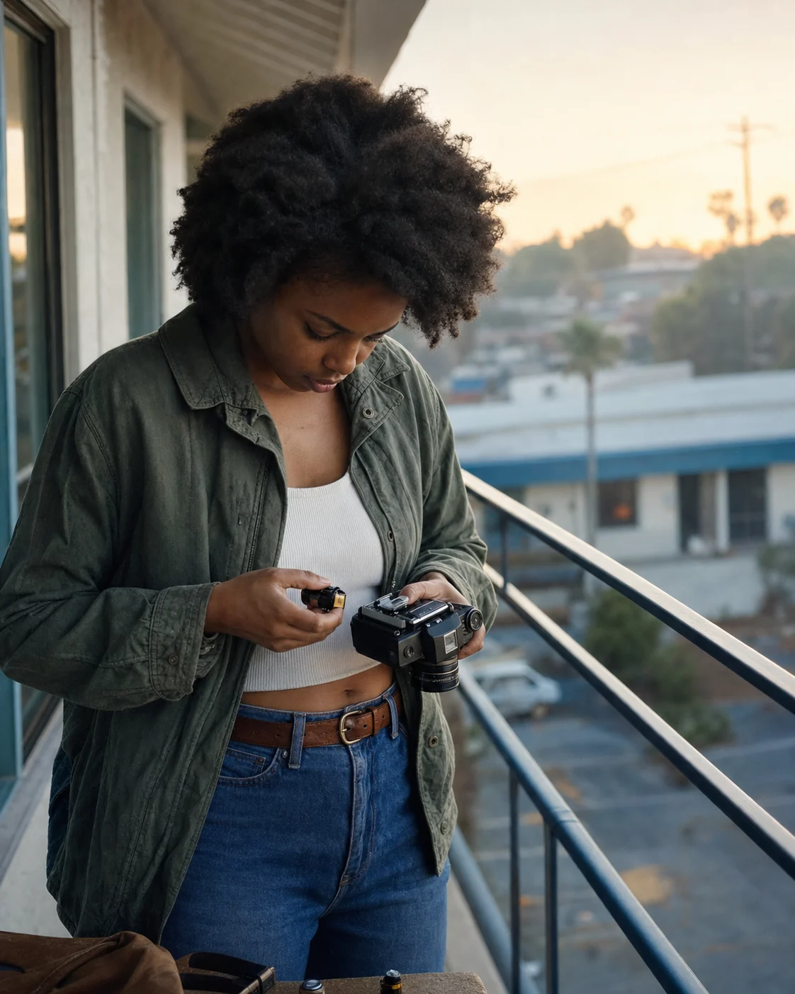 A photographer loading film into a camera outdoors