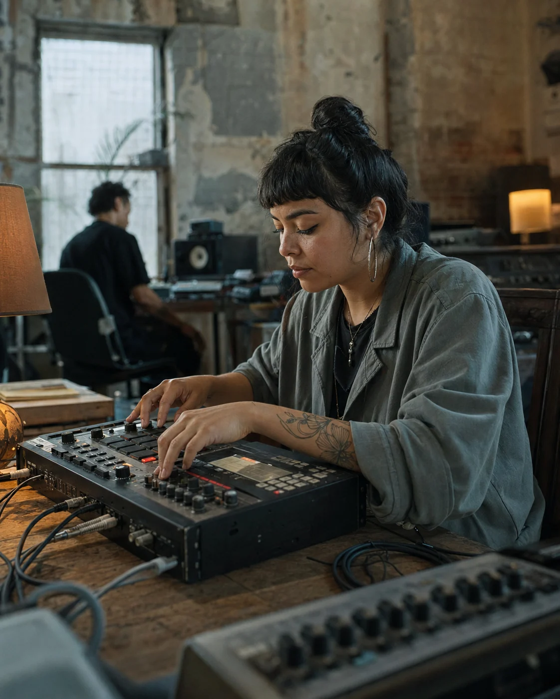 A music producer working at a studio console