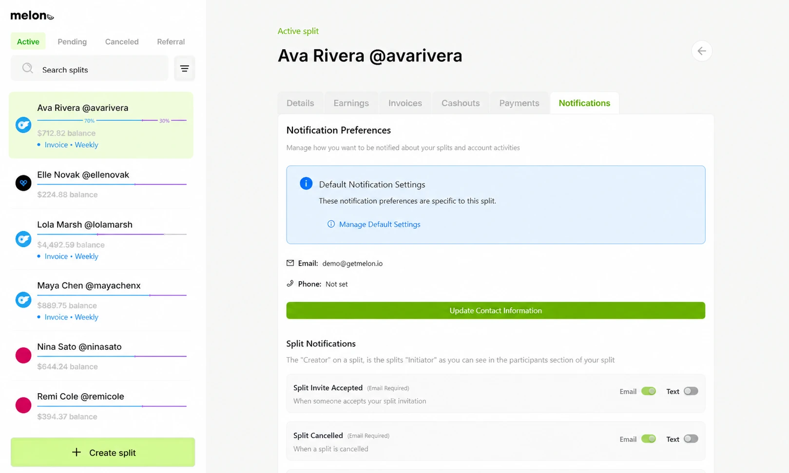 The real Melon notification preferences dashboard for Ava Rivera